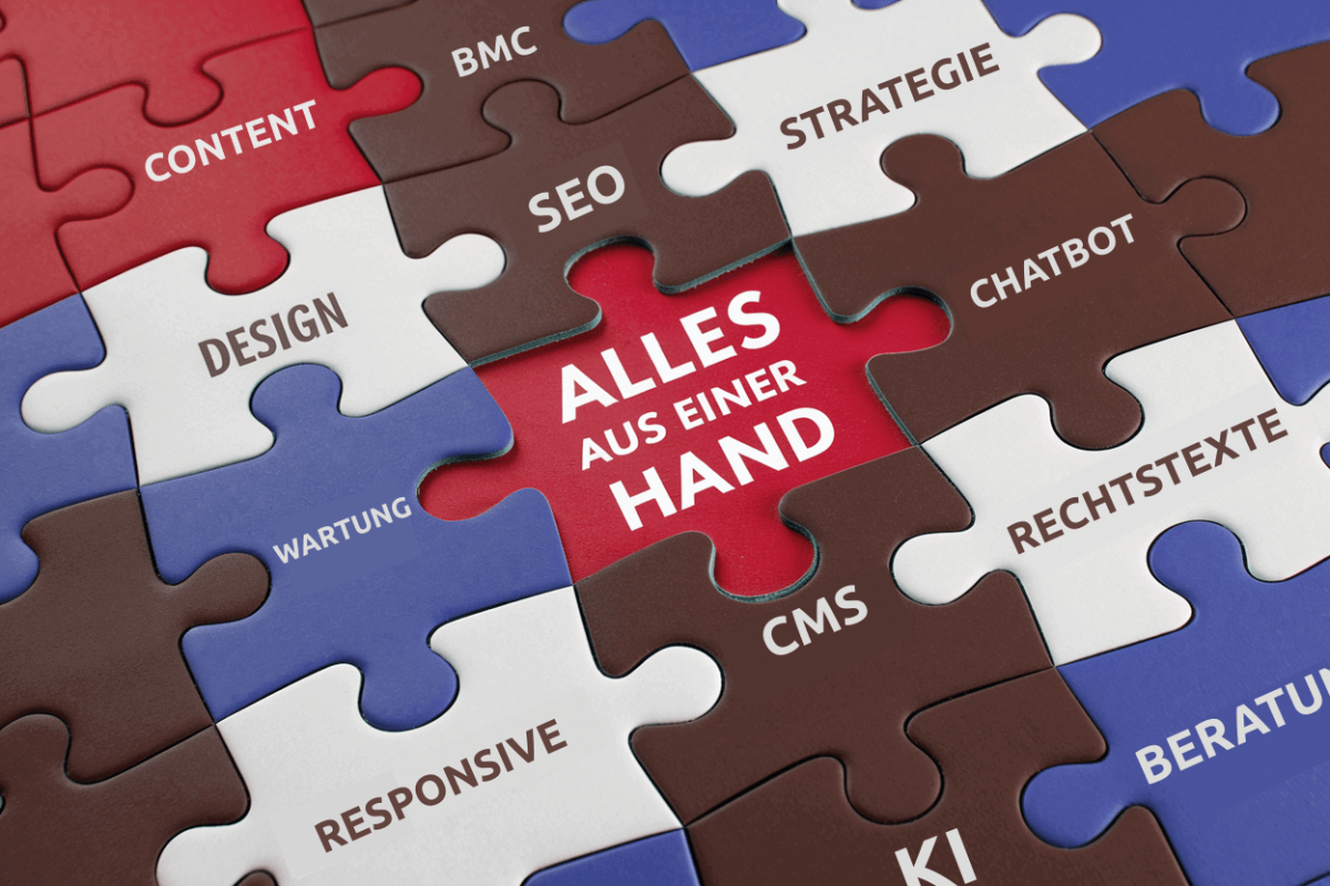 Puzzle mit SEO, GEO, Webdesign – Symbol für Full-Service-Lösungen aus einer Hand