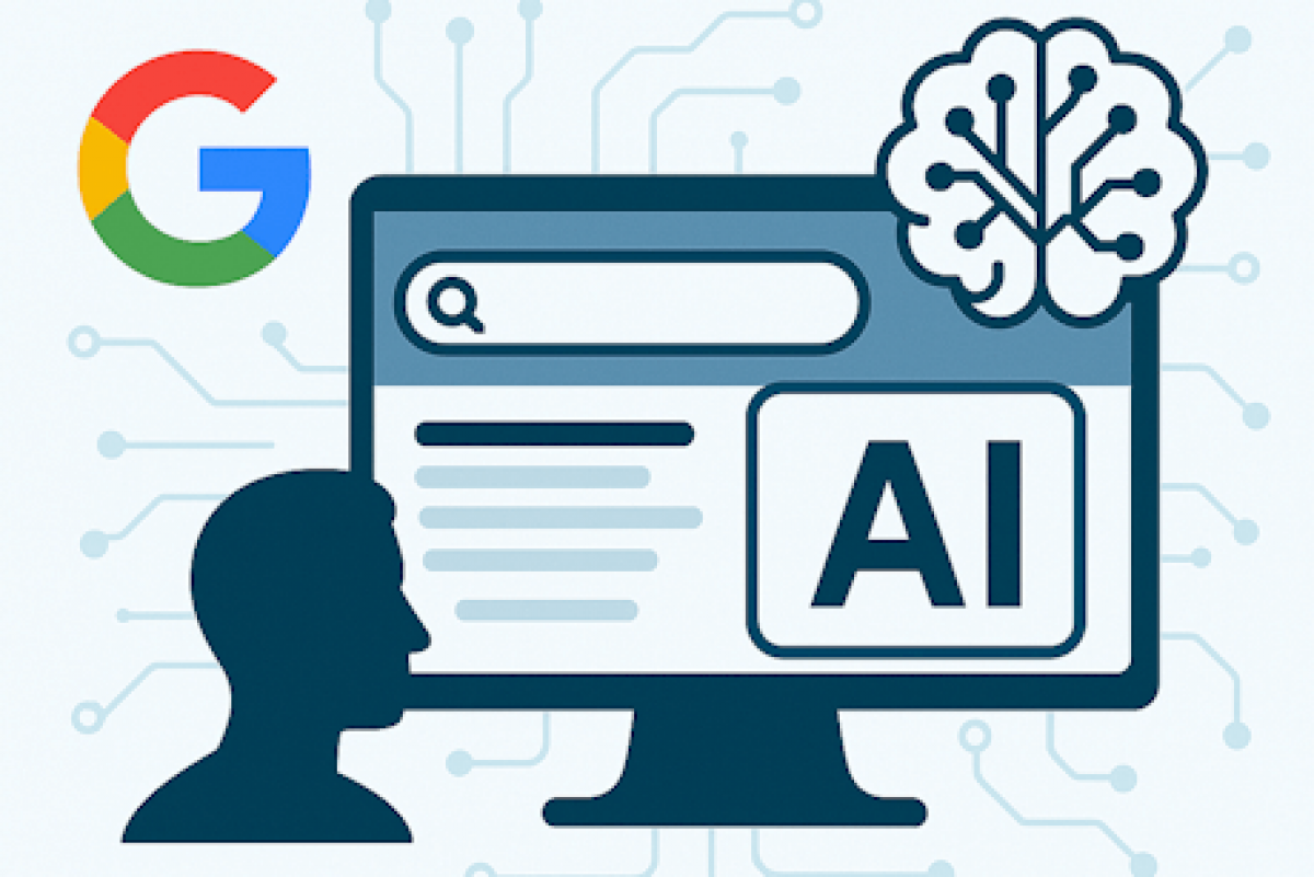 Darstellung einer Suchmaschine mit Google-Logo und KI-Symbol – Kombination von SEO und GEO