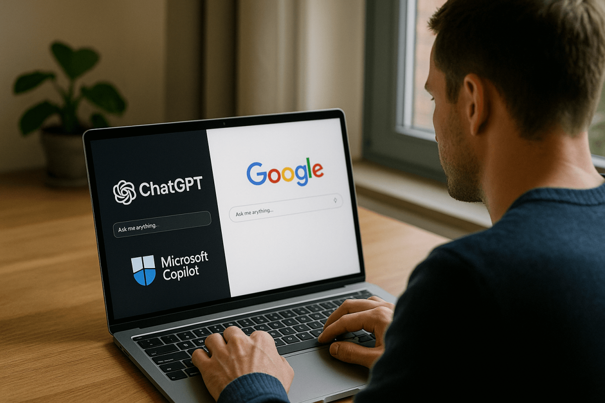 Mann am Laptop zwischen Google-Suche und KI-Systemen wie ChatGPT und Microsoft Copilot – Beginn der KI-Sichtbarkeit