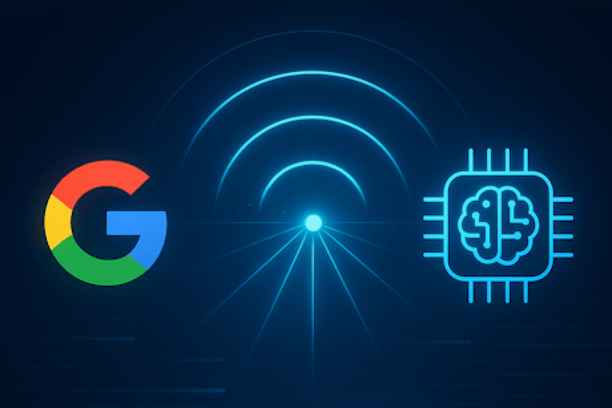 Verbindung von Google und Künstlicher Intelligenz – Symbole für Suchmaschinen und KI-Sichtbarkeit