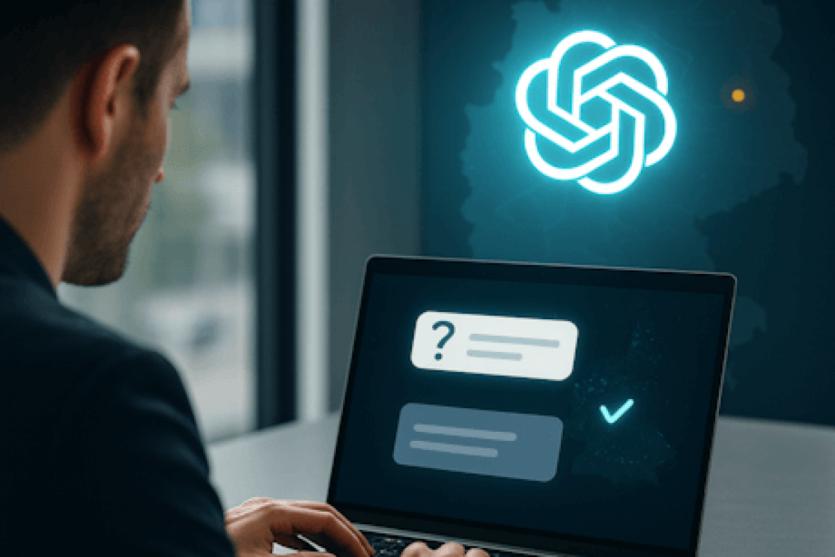 Mann arbeitet am Laptop mit ChatGPT-Symbol und Frage-Antwort-Illustration – Vorteile durch GEO-Optimierung